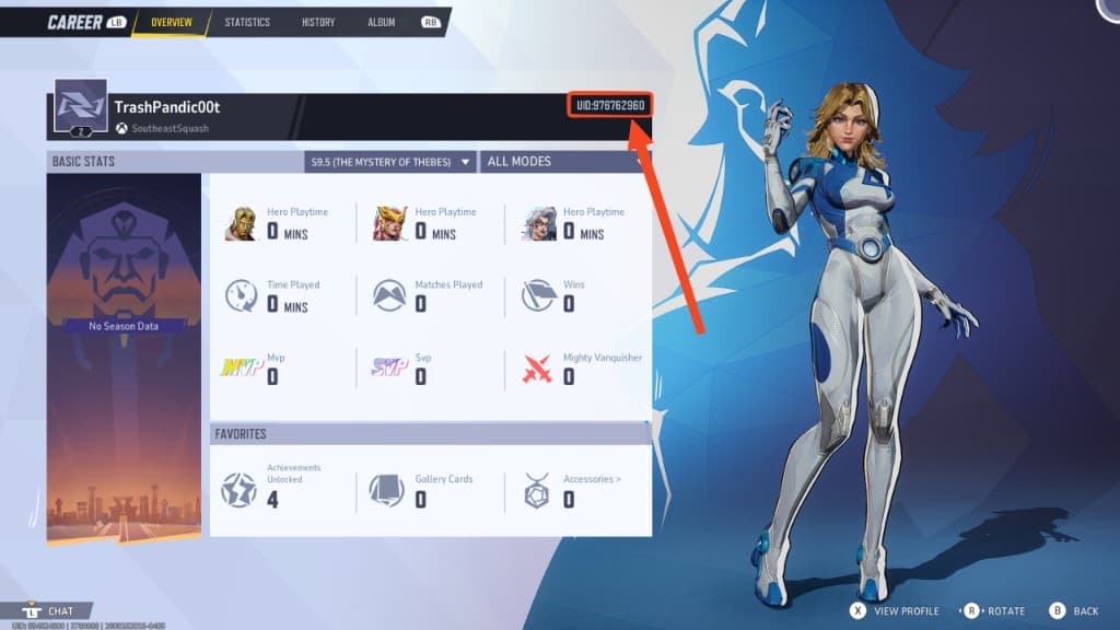 Marvel Rivals Career Overview. The UID box sits to the right of the player name.